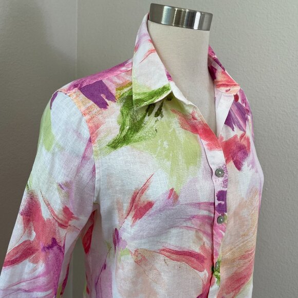 Chicos Womens 4 No Iron Watercolor Linen Button Up Shirt 3/4 Sleeve Blouse - Picture 3 of 10